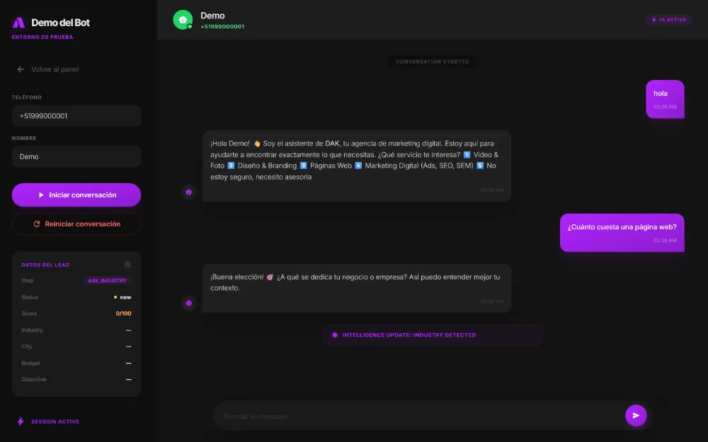 El asistente de DAK conversando y rellenando la ficha del contacto en tiempo real