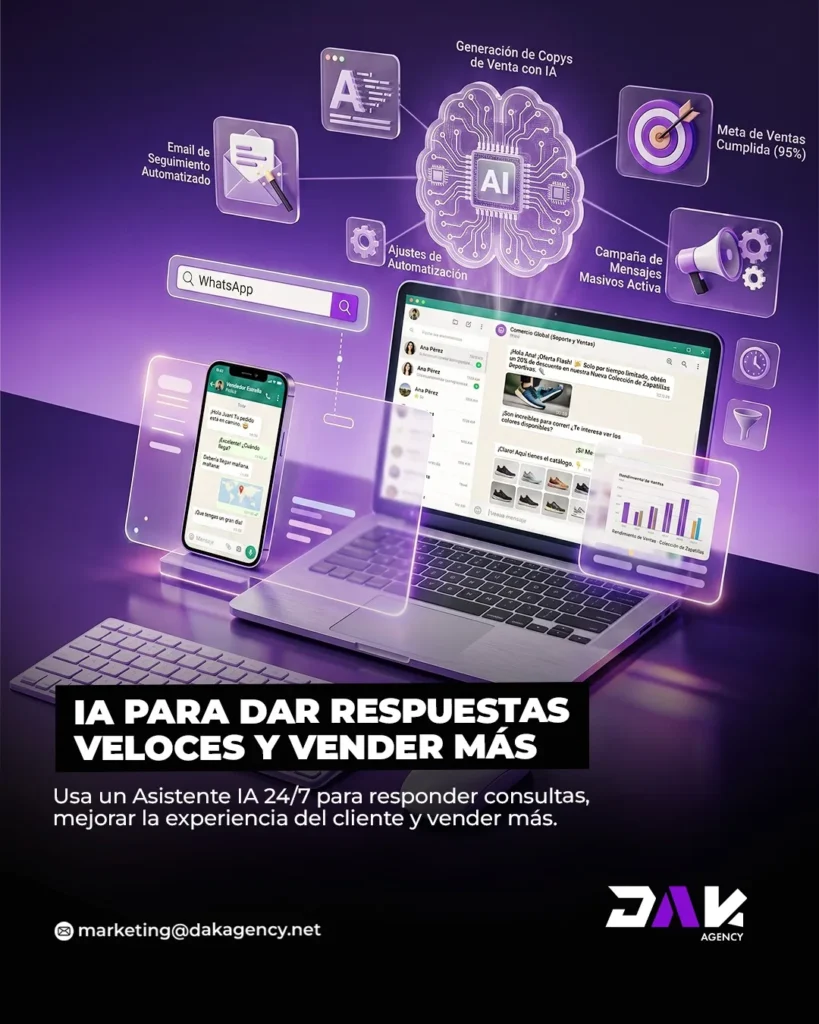 Pantalla de chatbots de WhatsApp respondiendo automáticamente a un cliente de un negocio, configurado por DAK Agency