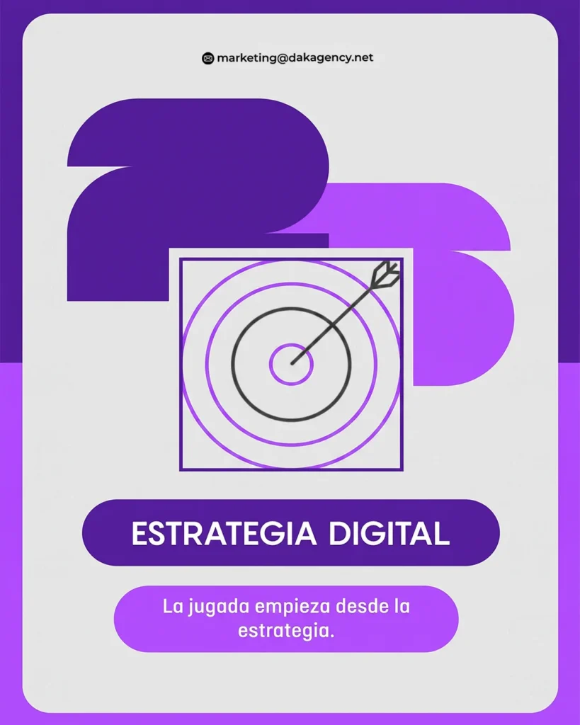 Tarjeta de estrategia digital de DAK Agency con diana - buscar en TikTok e Instagram - DAK Agency