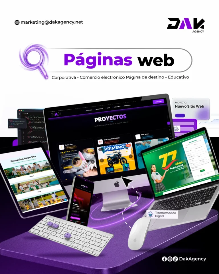 Pantallas de escritorio, laptop y celular mostrando paginas web de proyectos - pagina web lenta - DAK Agency