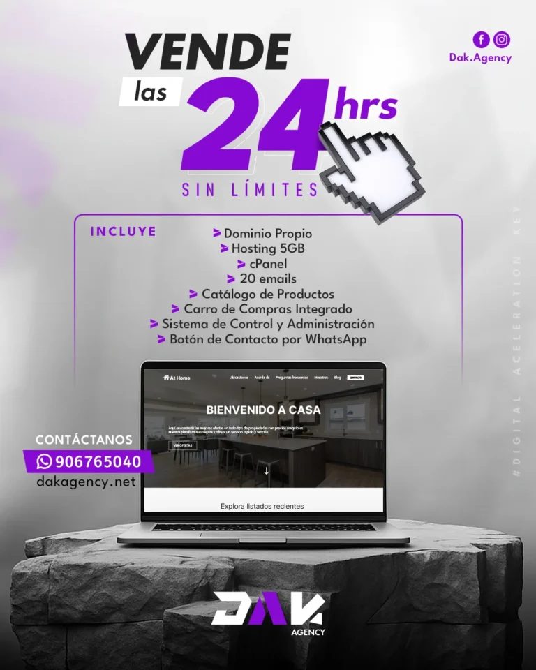 Laptop con una pagina web de negocio y el mensaje vende las 24 horas sin limites - cuanto tiempo toma hacer una pagina web - DAK Agency