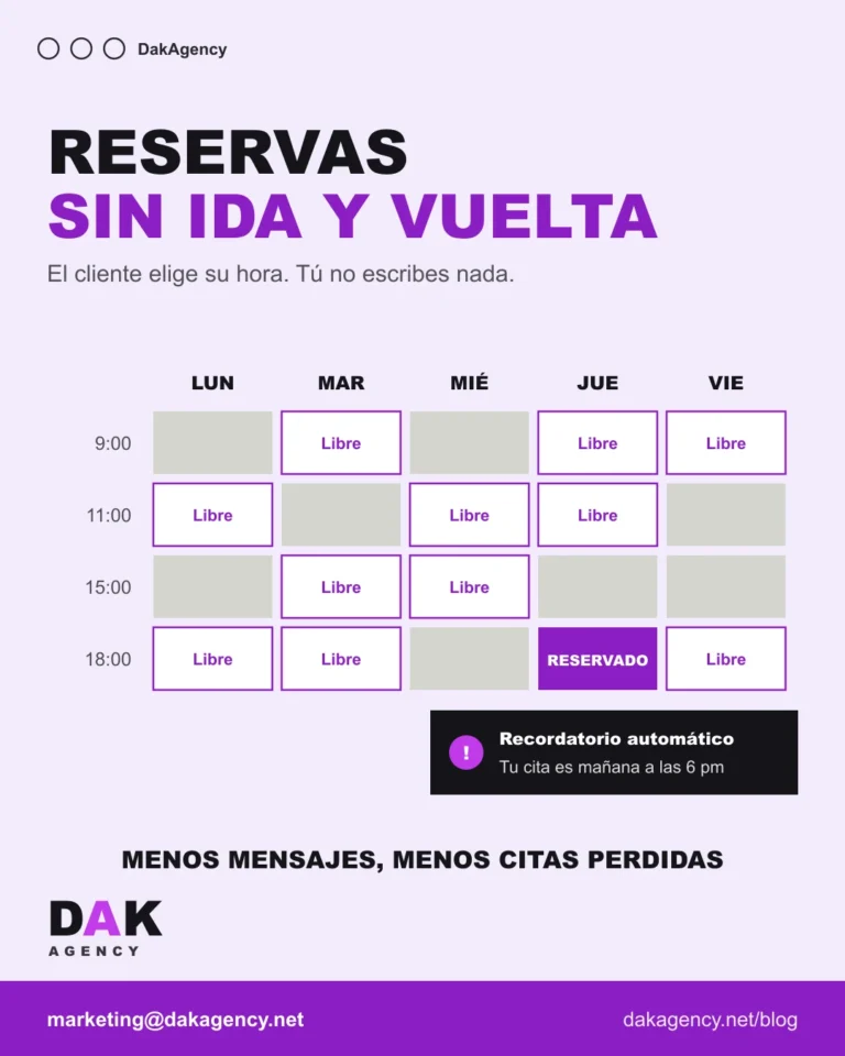 Calendario de citas en un celular con horarios libres y ocupados y un recordatorio automatico - sistema de reservas online - DAK Agency