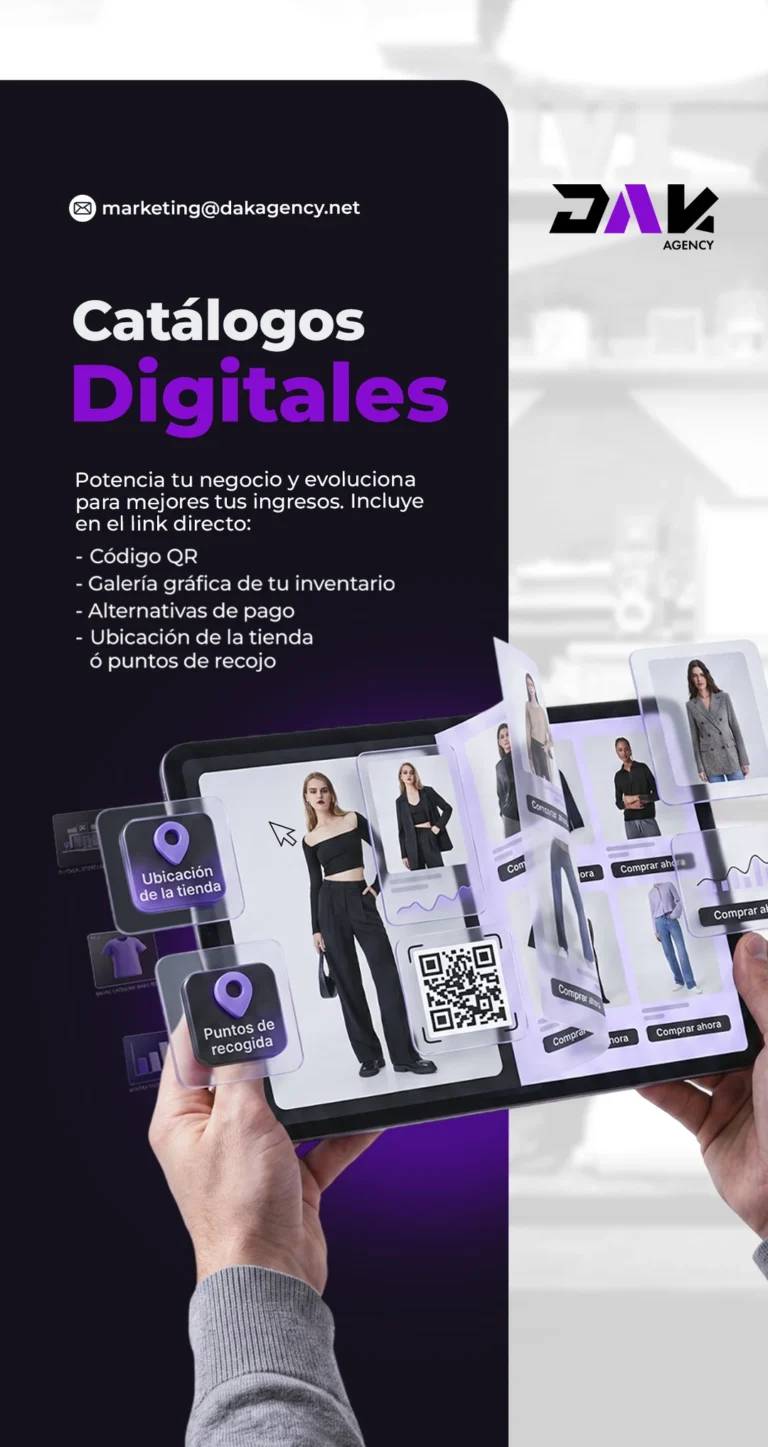 Tableta con un catálogo digital de ropa, botones de comprar ahora, código QR y puntos de recojo - cyber noviembre 2026 - DAK Agency