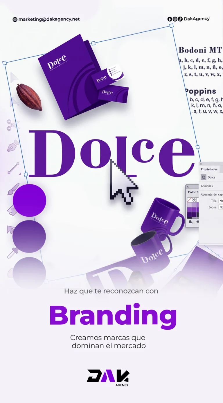 Maqueta de identidad visual con un logo en edición, tipografías y papelería de marca - modernización de logo - DAK Agency