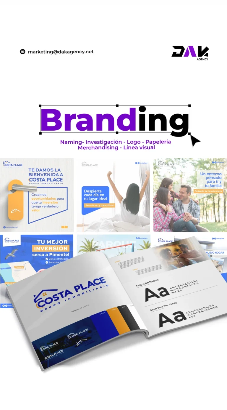 Manual de marca impreso abierto con misión, visión, tipografías y paleta de colores, junto a piezas de identidad visual - manual de marca - DAK Agency