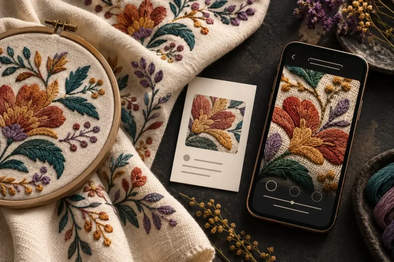 Ilustración generada con IA de un bordado y un catálogo en un celular para representar la presentación digital de artesanía de Monsefú